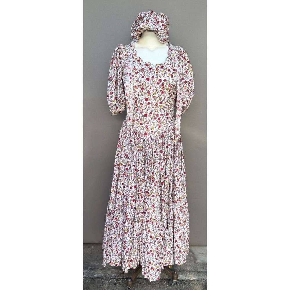 Vintage Prairie Maxi Dress Small Floral Puff Sleeve Tiered Bonnet Cottage Coplay - Picture 7 of 16